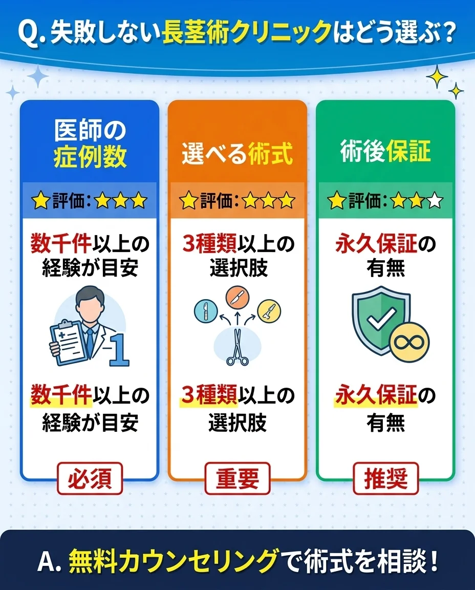 失敗しない長茎術クリニック選び3つのポイント｜症例数・術式・術後保証