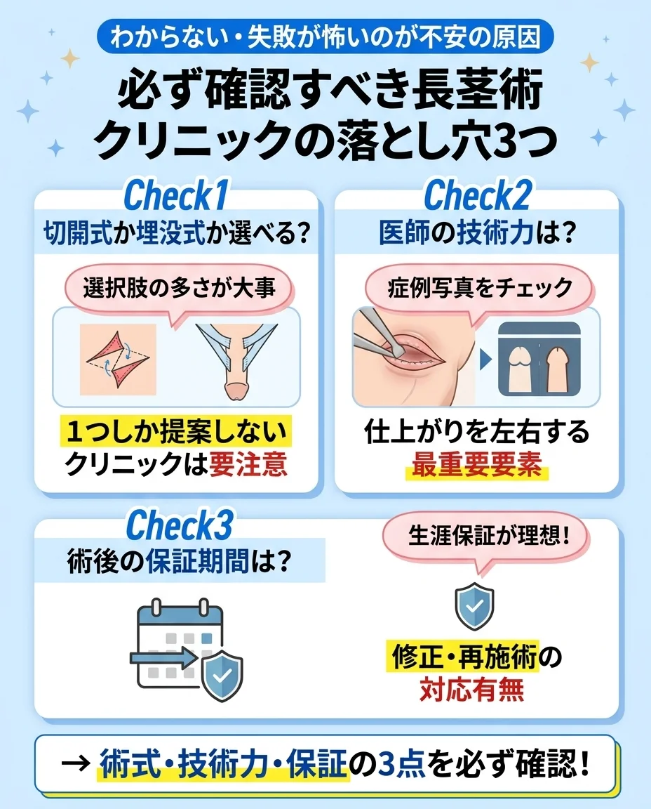 長茎術クリニック選びの落とし穴3つ｜医師の症例・追加料金・保証なしに注意