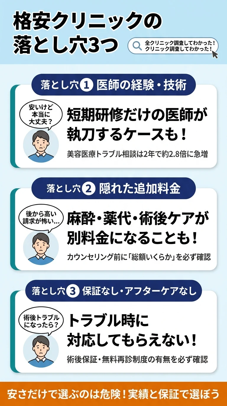 格安クリニックの落とし穴3つ｜医師の経験・追加料金・保証なしに注意