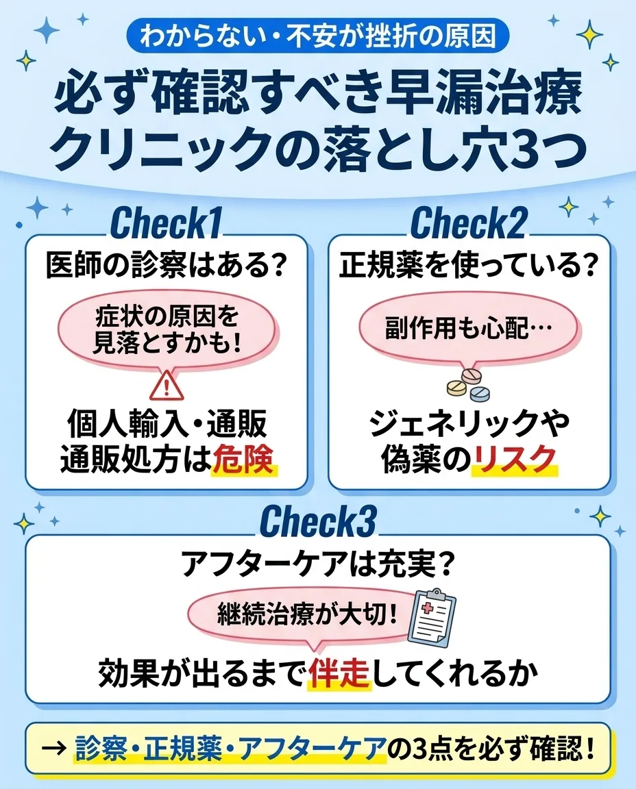 早漏治療クリニック選びの落とし穴3つ｜医師の診断・正規薬・アフター