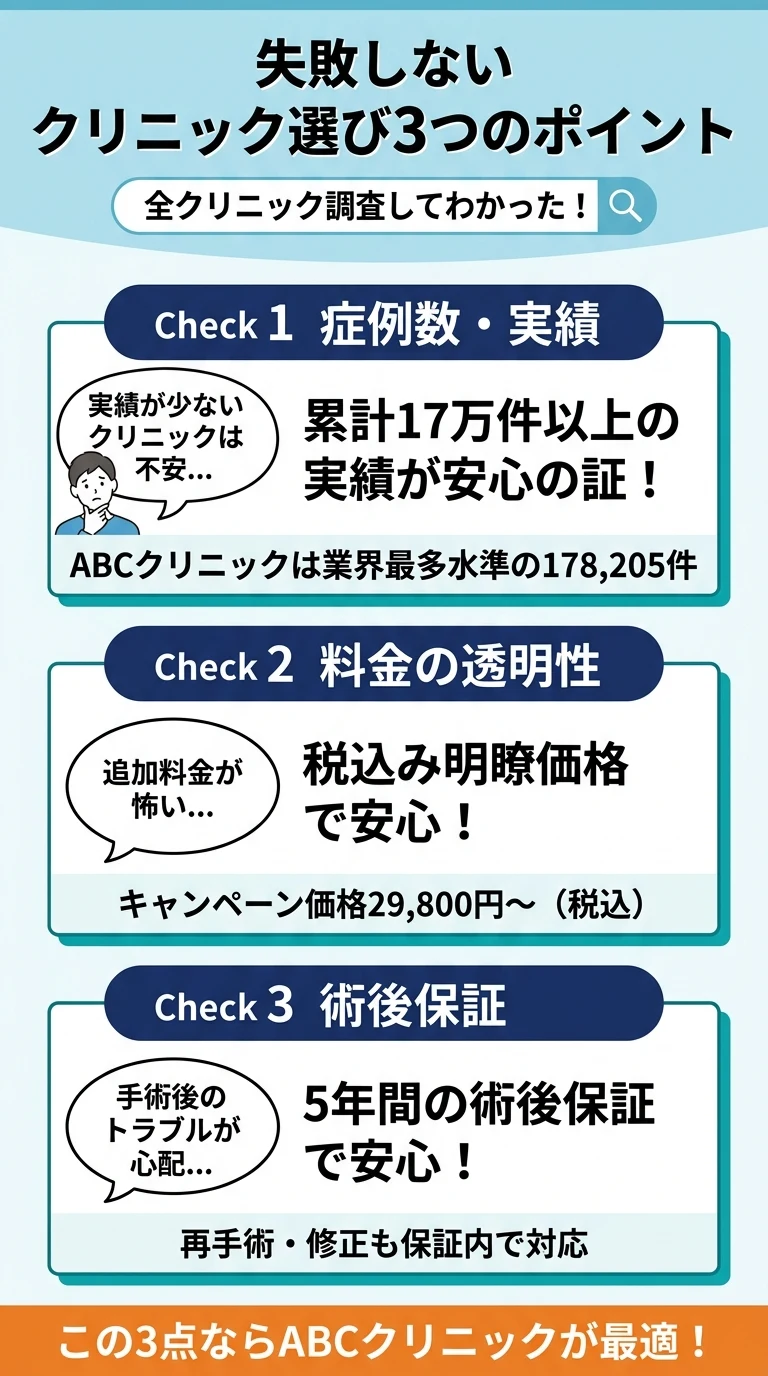 失敗しないクリニック選び3つのポイント｜症例数・料金・術後保証
